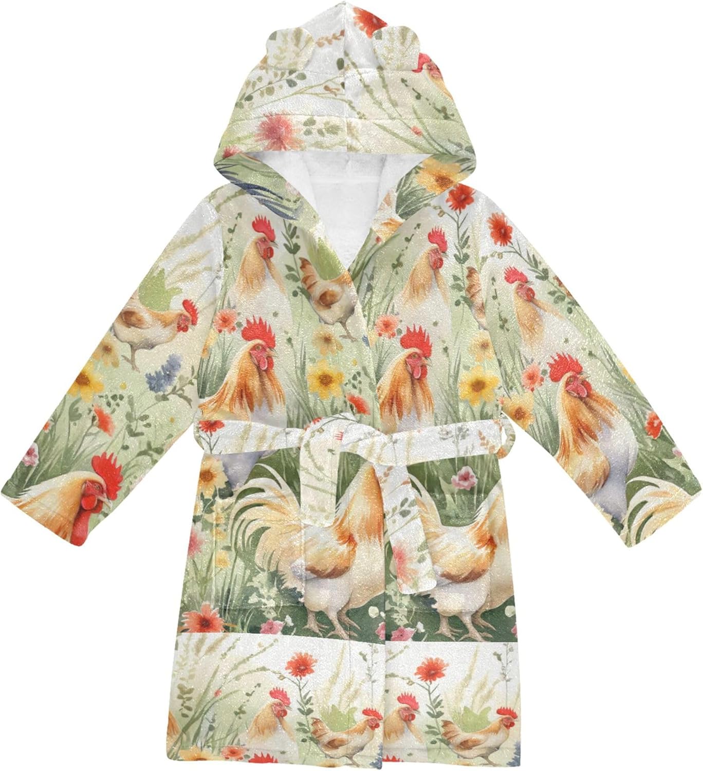 Watercolor Animals Roosters Hens Chickens Bathrobe Hooded PJ Robe Soft Fleece Robe Pajama Sleepwear 2-12 Years