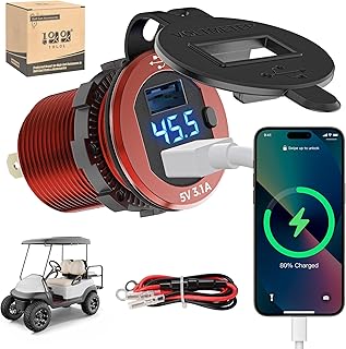 10L0L Golf Cart Quick Charge 3.0 Dual USB Charging Socket,2 in 1 USB Ports & Digital Voltmeter Universal for Club Car,EZGO and Yamaha,Metal Shell Safe Charge Outlet 9V-55V Wide Voltage Input
