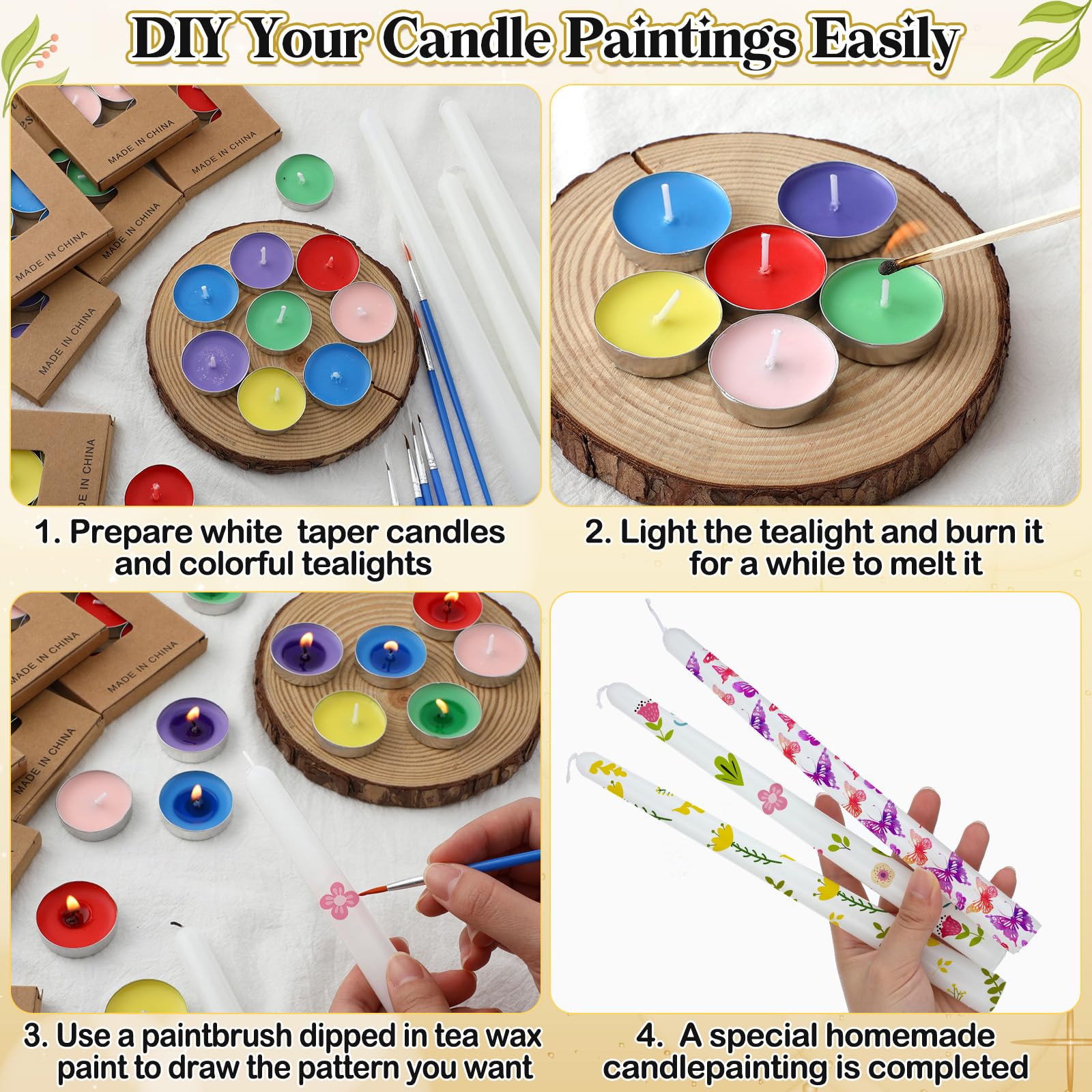 MTLEE 78 Pcs DIY Candle Painting Kit Include 12 White Taper Candles 60 Colored Tealight Candles 6 Paint Brushes for Crafts Birthday Wedding Party Favors(Multi Color)