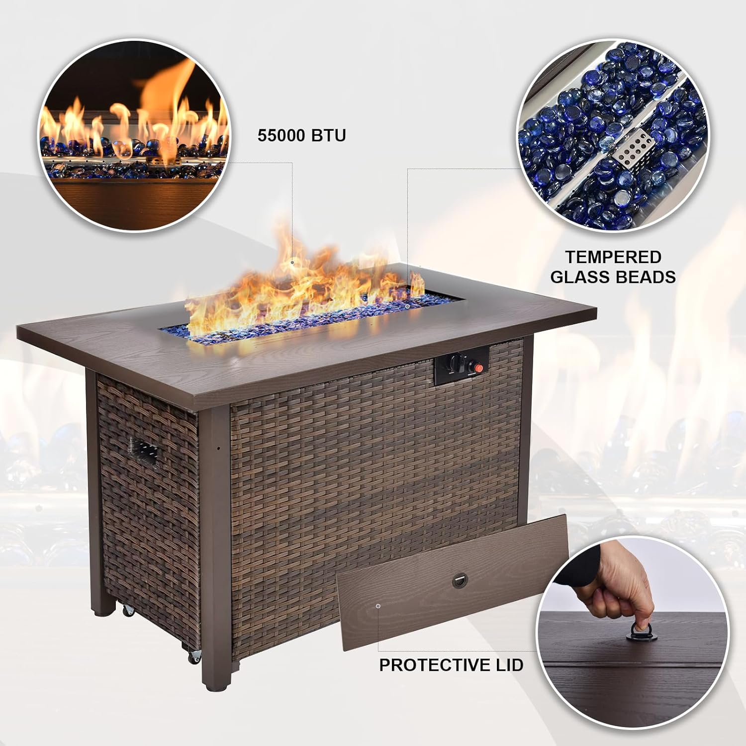 42" Propane Fire Pit, Outdoor Wicker Fire Pit Tables Rectangular Tabletop with Lid and Blue Glass Stones, 50000 BTU w/CSA-Certified and Tables for Outside Patio, Backard (Brown)