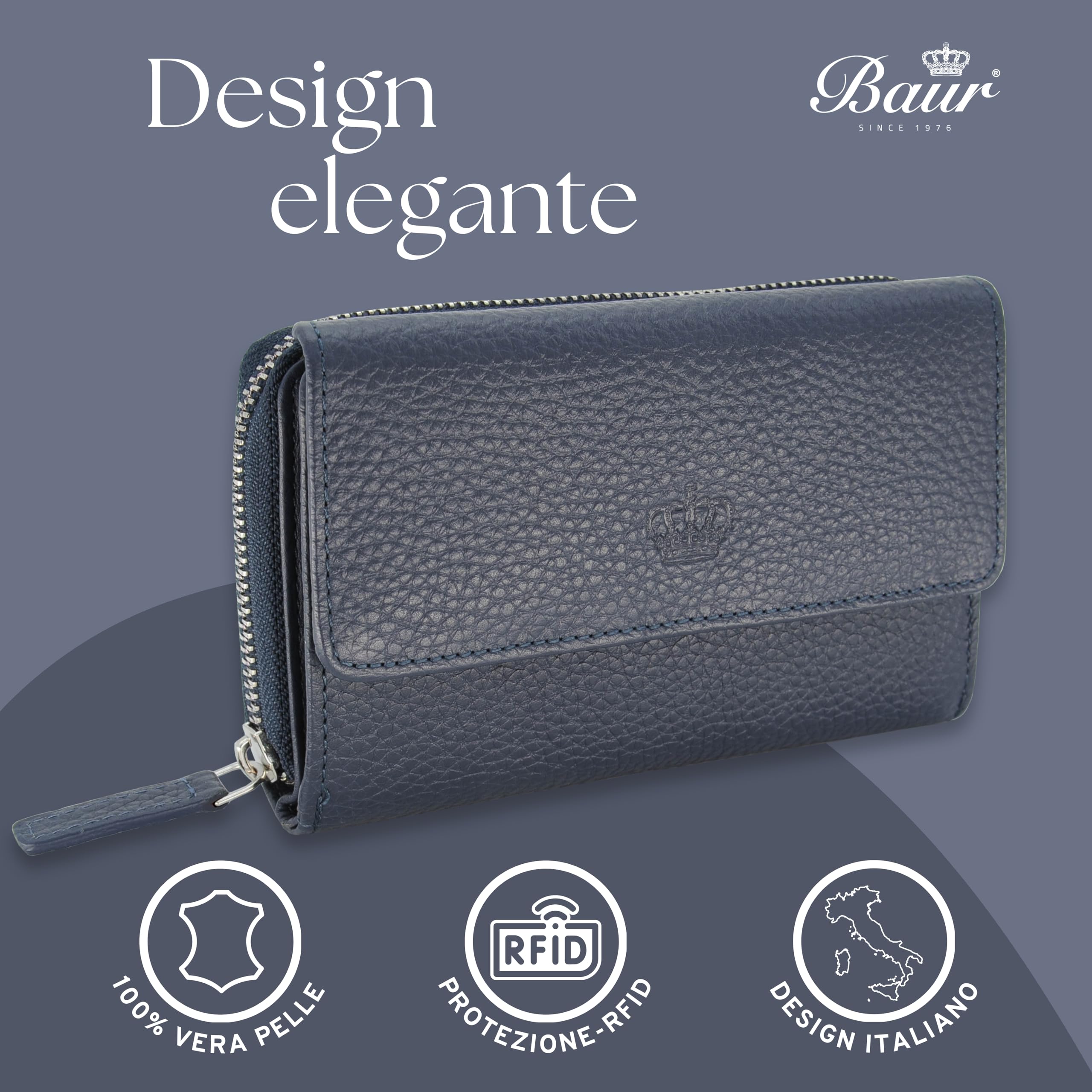 Baur portafoglio da donna – vera pelle con protezione RFID – portafoglio grande con 14 scomparti per carte – chiusura a bottone a pressione & tasca portamonete con cerniera (Blu scuro)
