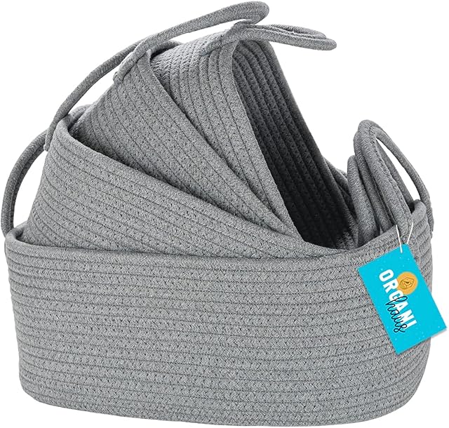 OrganiHaus Set of 4 Grey Storage Baskets | Bathroom Storage Baskets | Woven Baskets for Bathroom Decor | Small Storage Baskets for Nursery Decor | Storage Baskets for Shelves | Rope Basket with Handle