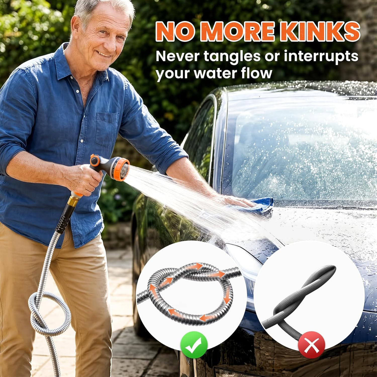 Cesun 100 ft Metal Garden Hose, Stainless Steel Heavy Duty Water Hose With 10 Function Nozzle, No Kink & Flexible, Lightweight and Durable, Rust Proof for Yard, RV, Pet Bath, Outdoor, 100 foot x 5/8"