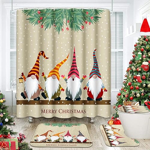 Miniatura 8 de Britimes Juego de cortinas de ducha de 4 piezas, bolas de noche de Navidad, bolas plateadas con alfombras antideslizantes, cubierta para tapa de