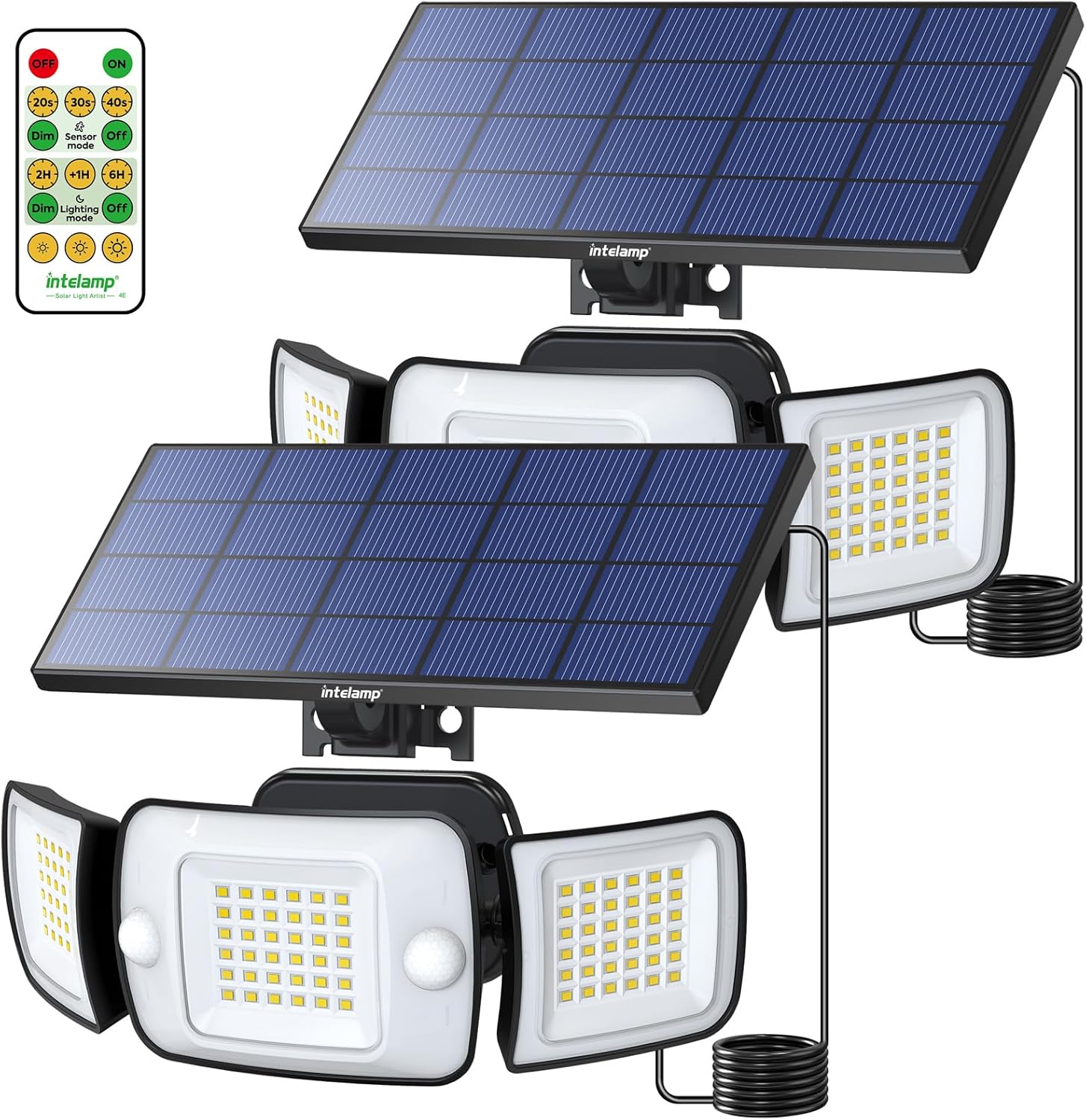 Intelamp Solar Motion Sensor Lights Outdoor, Split Design 2-Pack LED Security Flood Light, 6000mAh 1200LM Dual PIR Remote, IP65 Waterproof, Adjustable Solar Wall Light for Garage Yard Driveway Patio