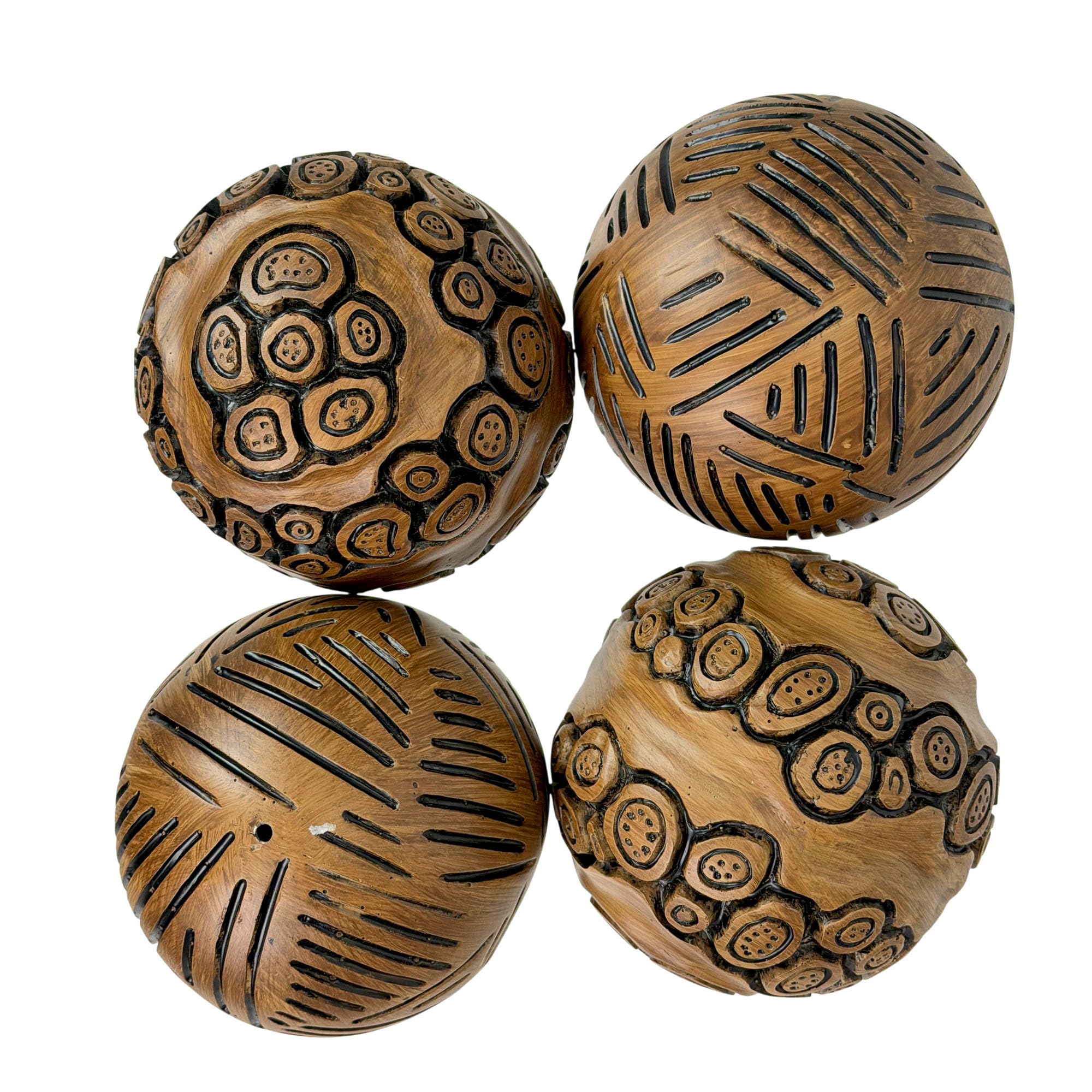 Boules décoratives 10,2 cm motifs tribaux géométriques sculptés en résine