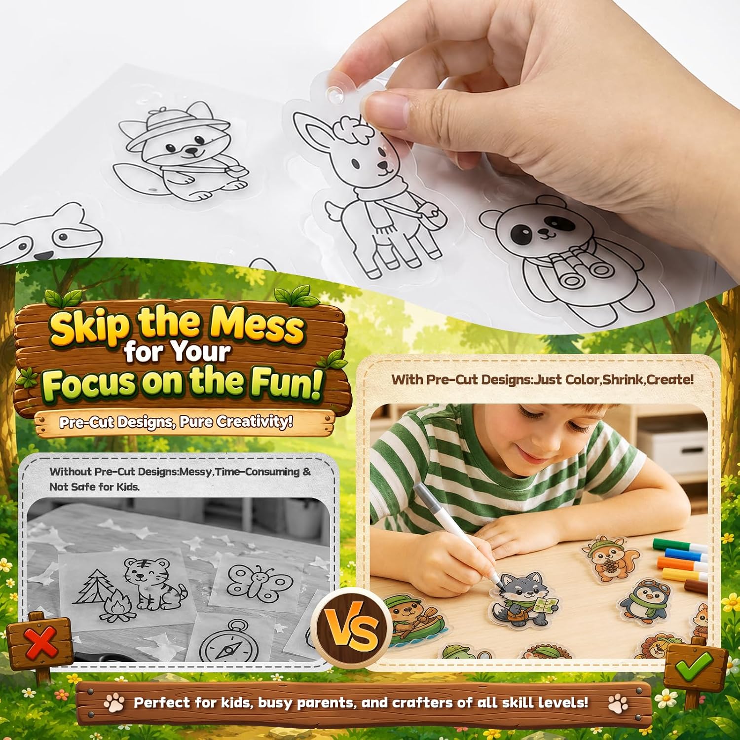 NewFamily Animal Adventure Shrink Art Kit for Kids, 48 Original Pre-Cut Animal Explorer and Camping Designs with Charm Accessories and Craft Tools, DIY Craft Kit