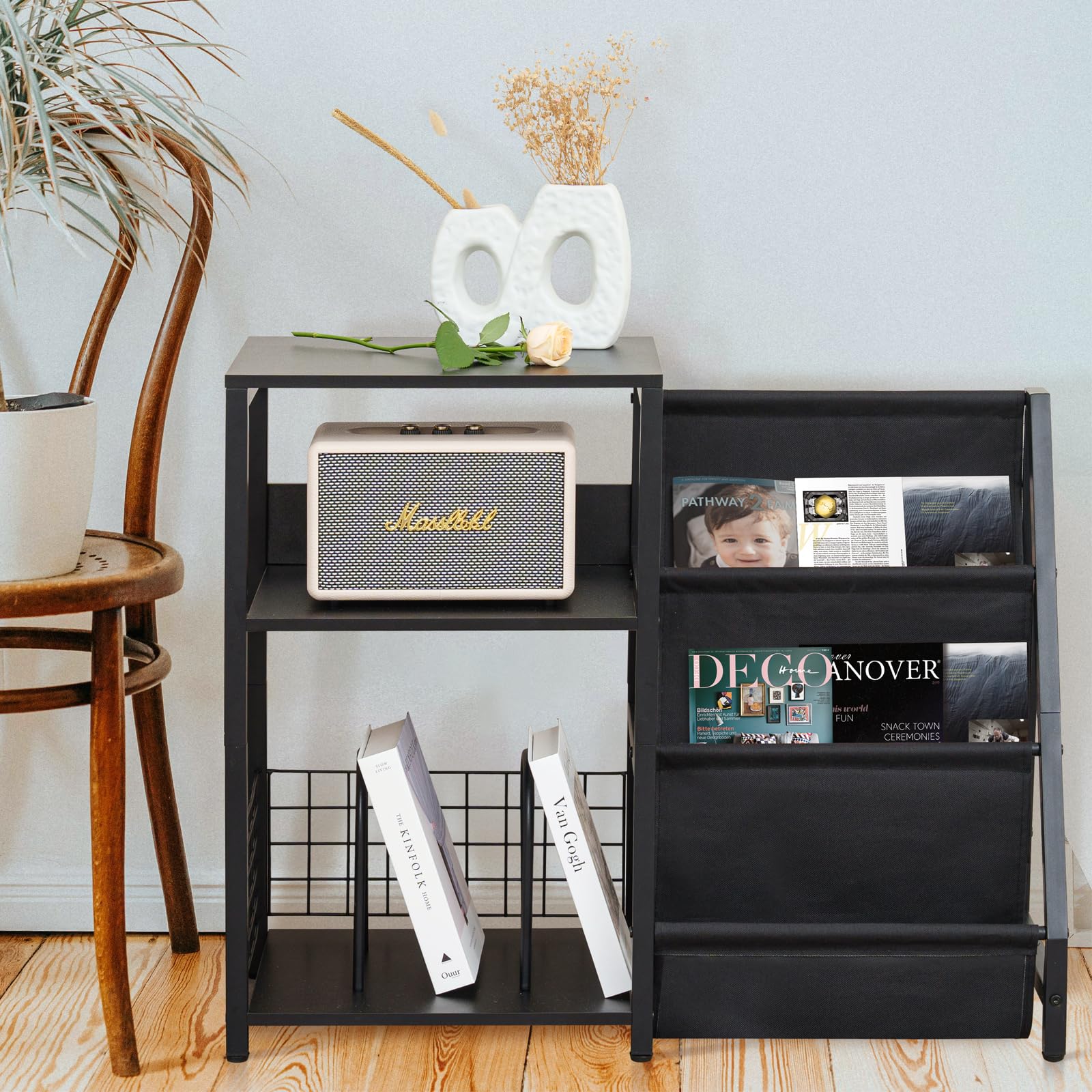 Vinyl Plattenspielerständer, Beistelltisch mit 3-Tier Lagerung für bis zu 200 Alben, Stahlrahmen CD Record Schrank, Plattenspielerständer und Holz Record Regal Schrank für Wohnzimmer, Rec Room