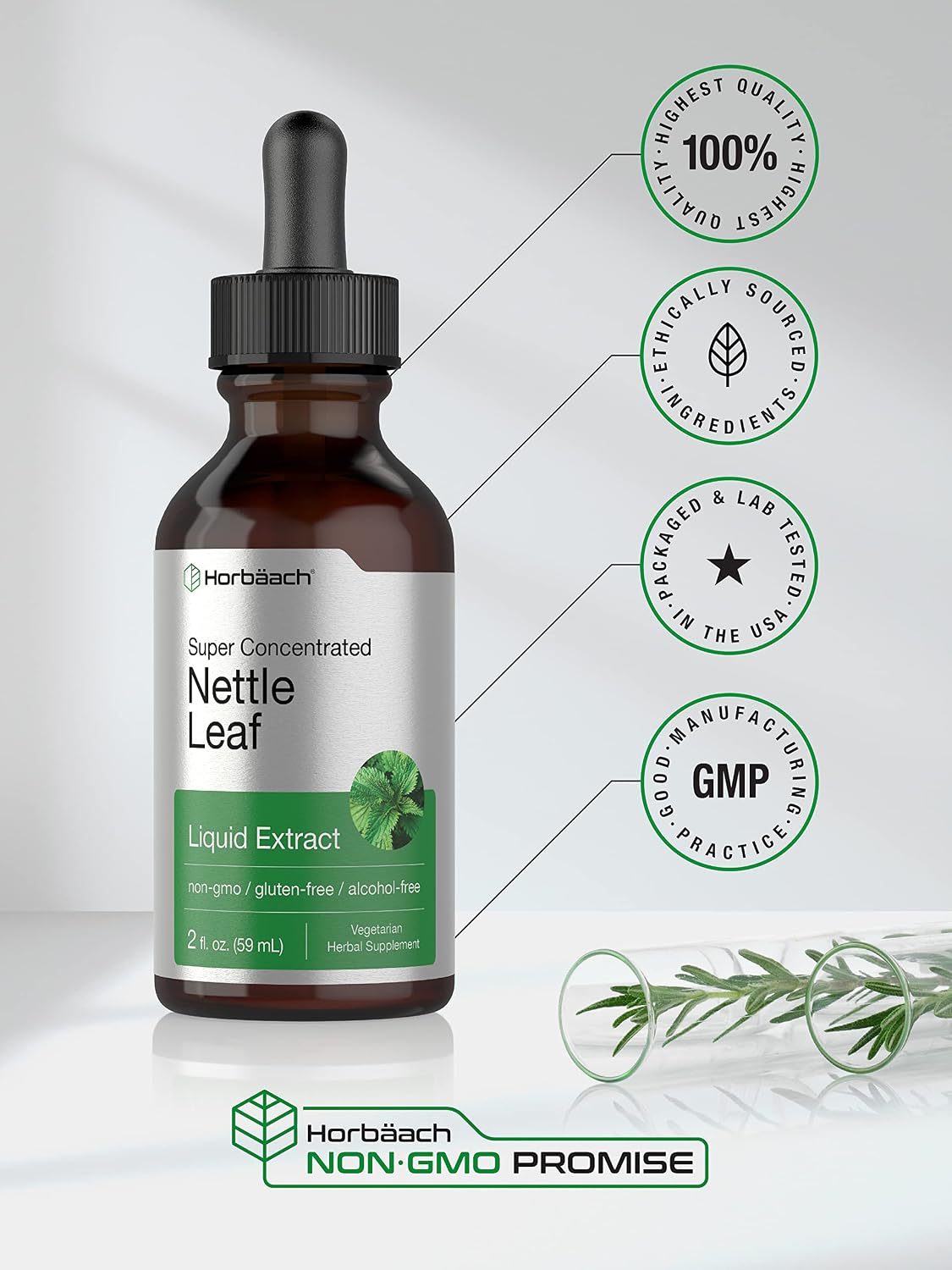 Stinging Nettle Leaf Extract | 2 fl oz | Alcohol Free Liquid | Vegetarian, Non-GMO, Gluten Free Tincture | by Horbaach