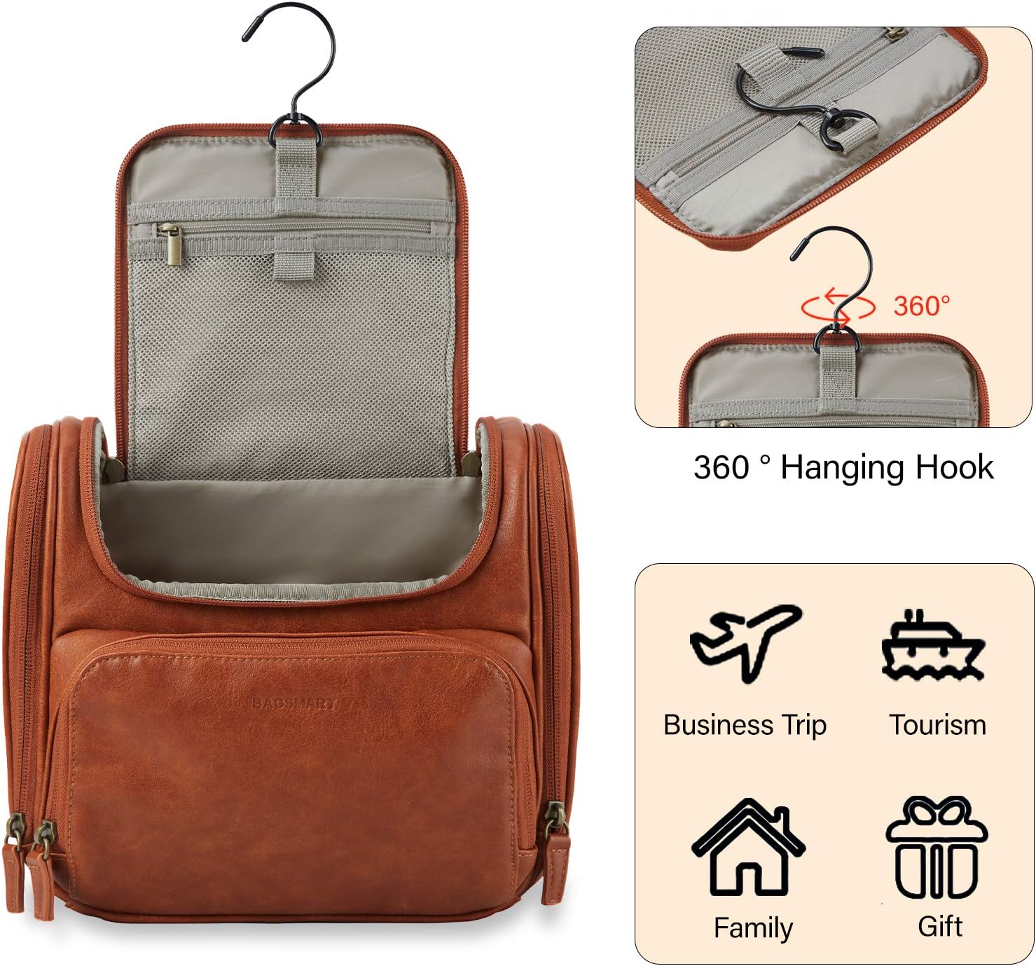 Toiletry Bag, BAGSMART Travel Leather Dopp Kit Large with Hanging Hook, Water-resistant Travel Kit for Full Sized Container, Toiletries, Cosmetics, Shaving (Brown) : Beauty & Personal Care