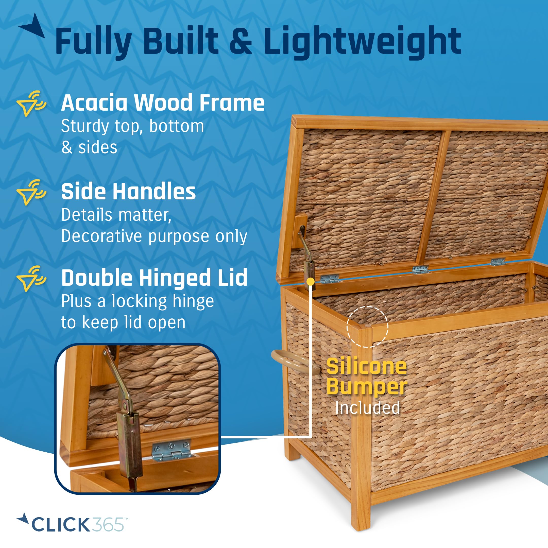 ClickDecor Wilson Baúl de mimbre, estilo granja, jacinto de agua tejido a mano, marco de madera de acacia, asas de metal, cesta de almacenamiento grande de 30 pulgadas de ancho con tapa para sala de