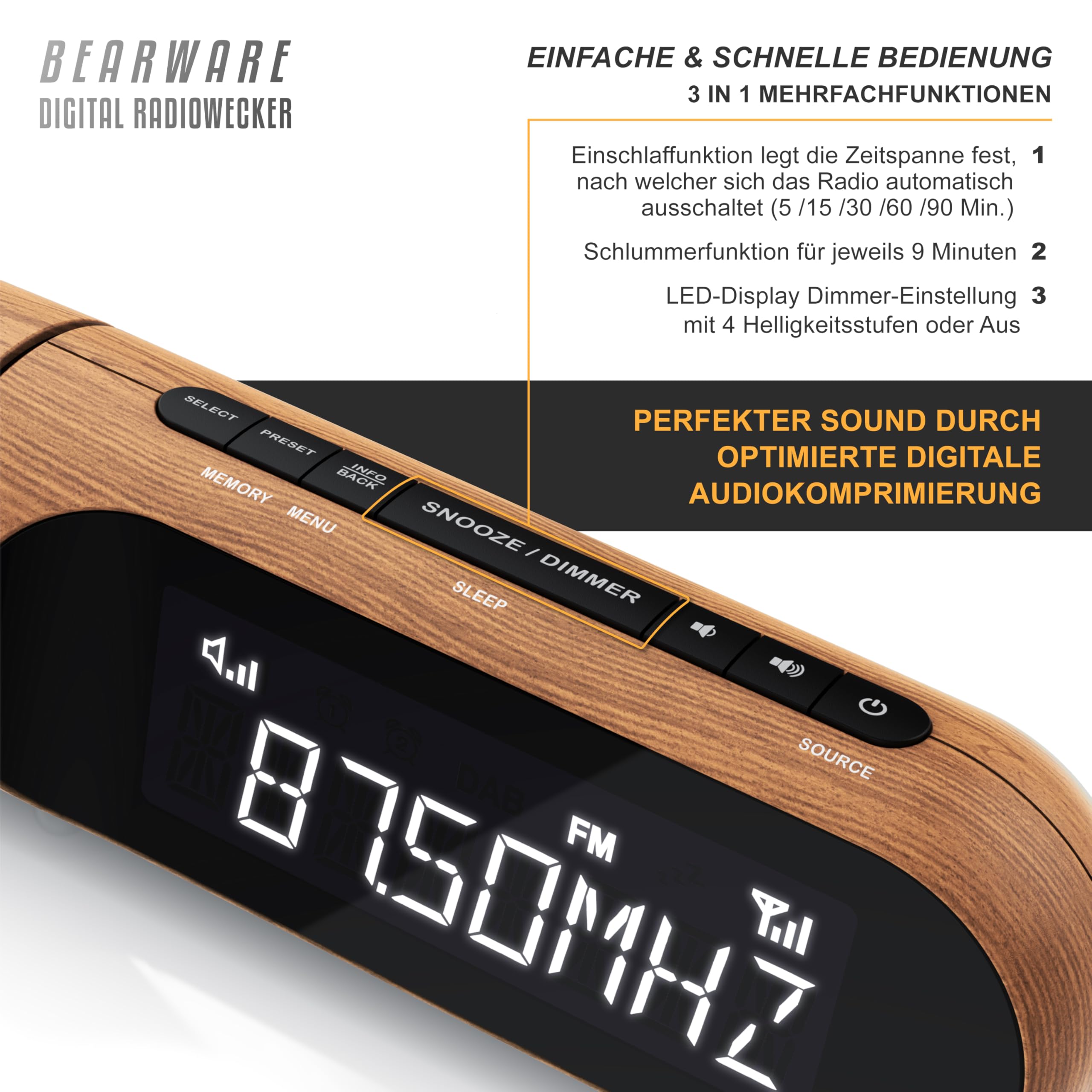 CSL - DAB Plus Radio - Radiowecker Projektionswecker digital – DAB/DAB+ / FM Radio mit je 20 Speicherplätzen – Ladeausgang – 4 Helligkeitsstufen – dimmbare Projektion