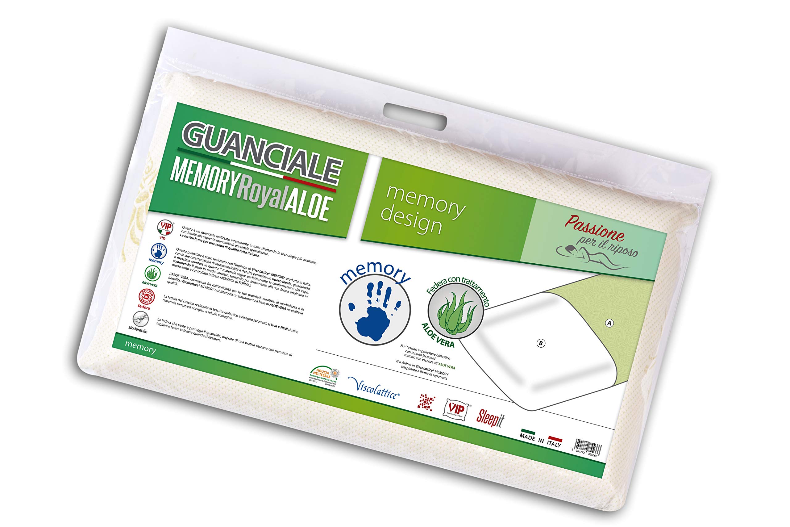 V.I.P. Very Important Oreiller Memory Royal Aloe, 100% viscoélastique avec taie d'oreiller déhoussable avec Traitement, 42 x 68