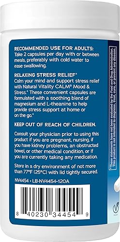 Miniatura 3 de Natural Vitality Calm Cápsulas para aliviar el estado de ánimo y el estrés, suplemento de glicinato de magnesio, 120 cápsulas