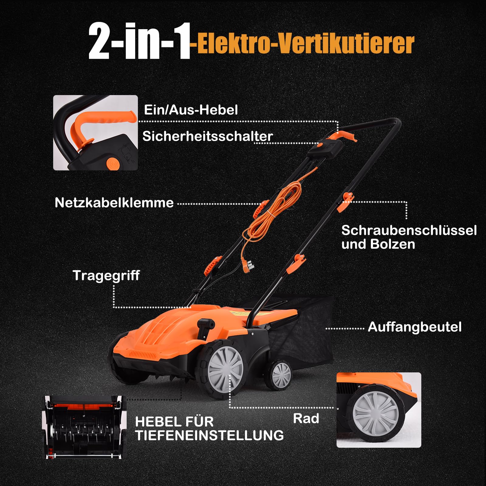 GOPLUS Elektryczny wertykulator 2 w 1, napowietrzacz trawnika, 2/3-stopniowa regulacja głębokości roboczej, szerokość robocza 32/38 cm, kosz na trawnik 30/45 l, w zestawie wałek do noży i wałek