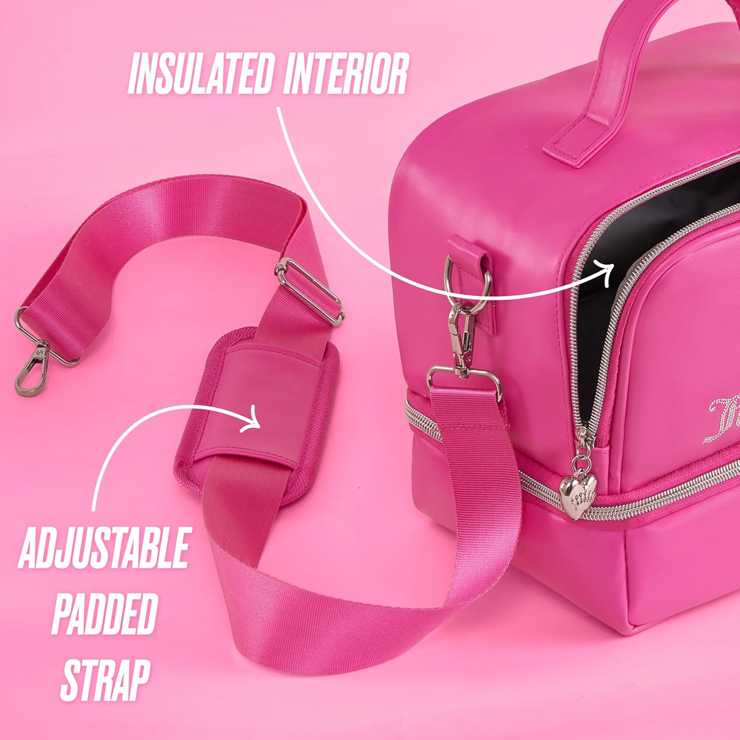 Juicy Couture Double Zip Chill Lunch Tote Bag – Dual Compartment Insulated Cooler with Adjustable Strap, Hot Pink Pink Juicy Bling Crown Rhinestones - Women's Lunch Box Bag for Work, School, Travel - Image 3