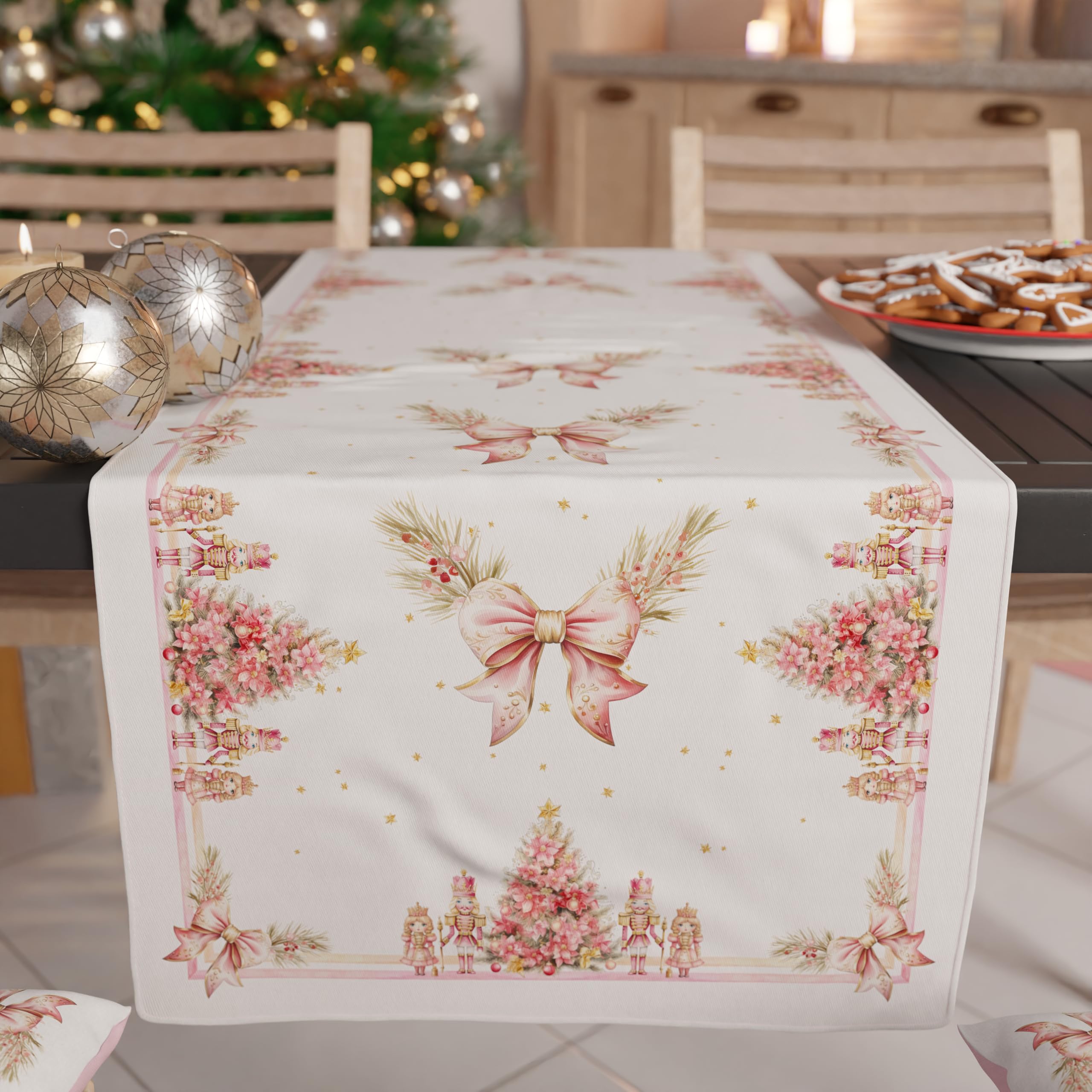 PETTI Artigiani Italiani, Christmas Table Runner, Kitchen Runner 140x40 cm, Elegant Pink Nutcracker Christmas Table Runner