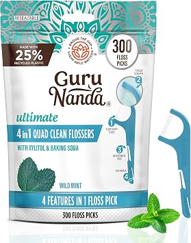 GuruNanda 4-in-1 Quad Clean Dental Floss Picks, Wild Mint Flavor, 300 ct