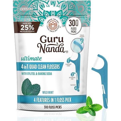 GuruNanda Quad Clean Floss Picks 4-in-1 with Tongue Scraper, Interdental Pik & Toothpick, Non-Shred Dyneema Thread, with Xylitol & Baking Soda, 300 ct