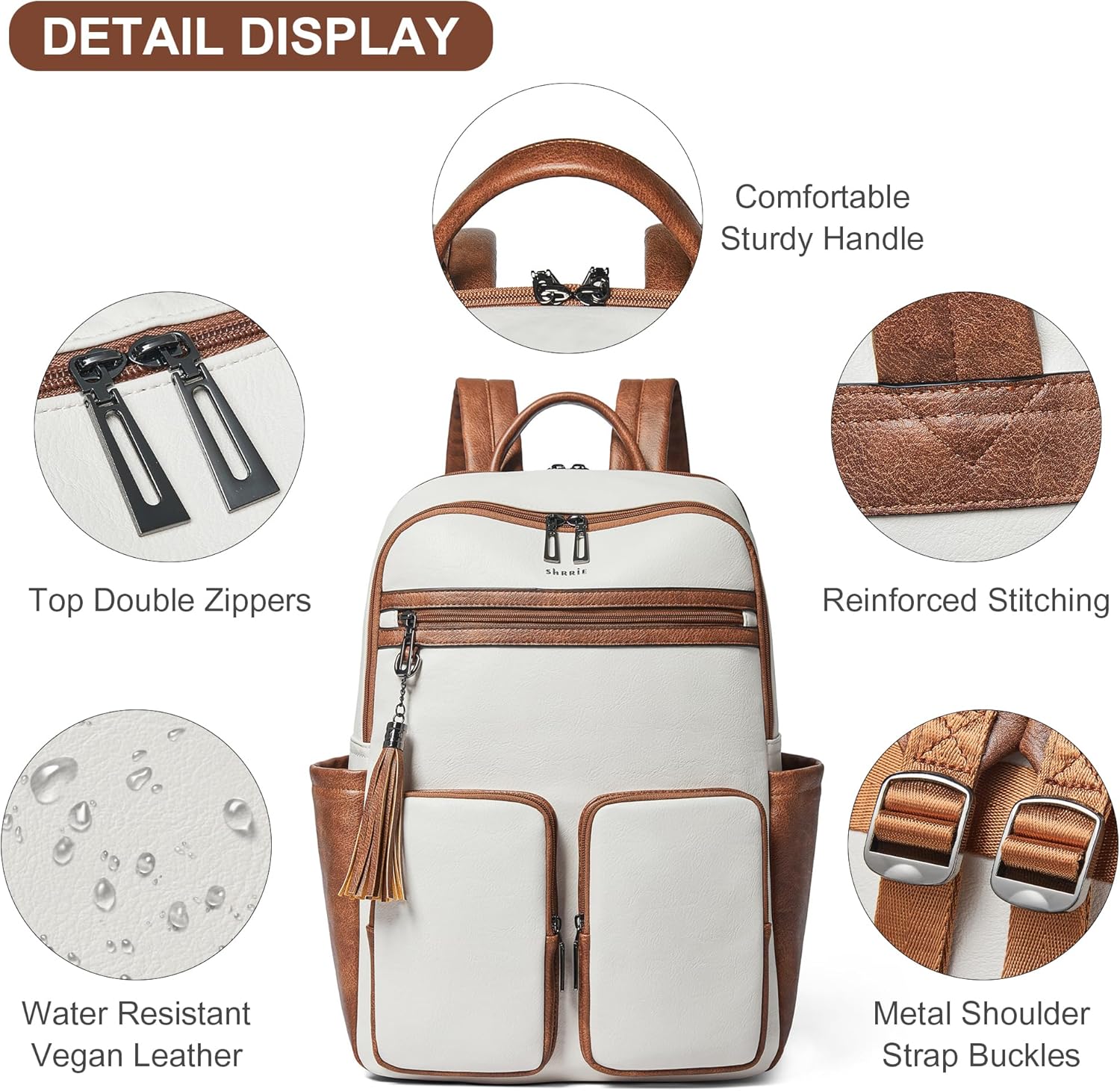Shrrie Laptop Backpack for Women 16 Inch,Vegan Leather Travel Backpack Purse Work Business Computer Backpacks Teacher Nurse College Laptop Bookbag Casual Daypack,Beige with Brown - Image 6