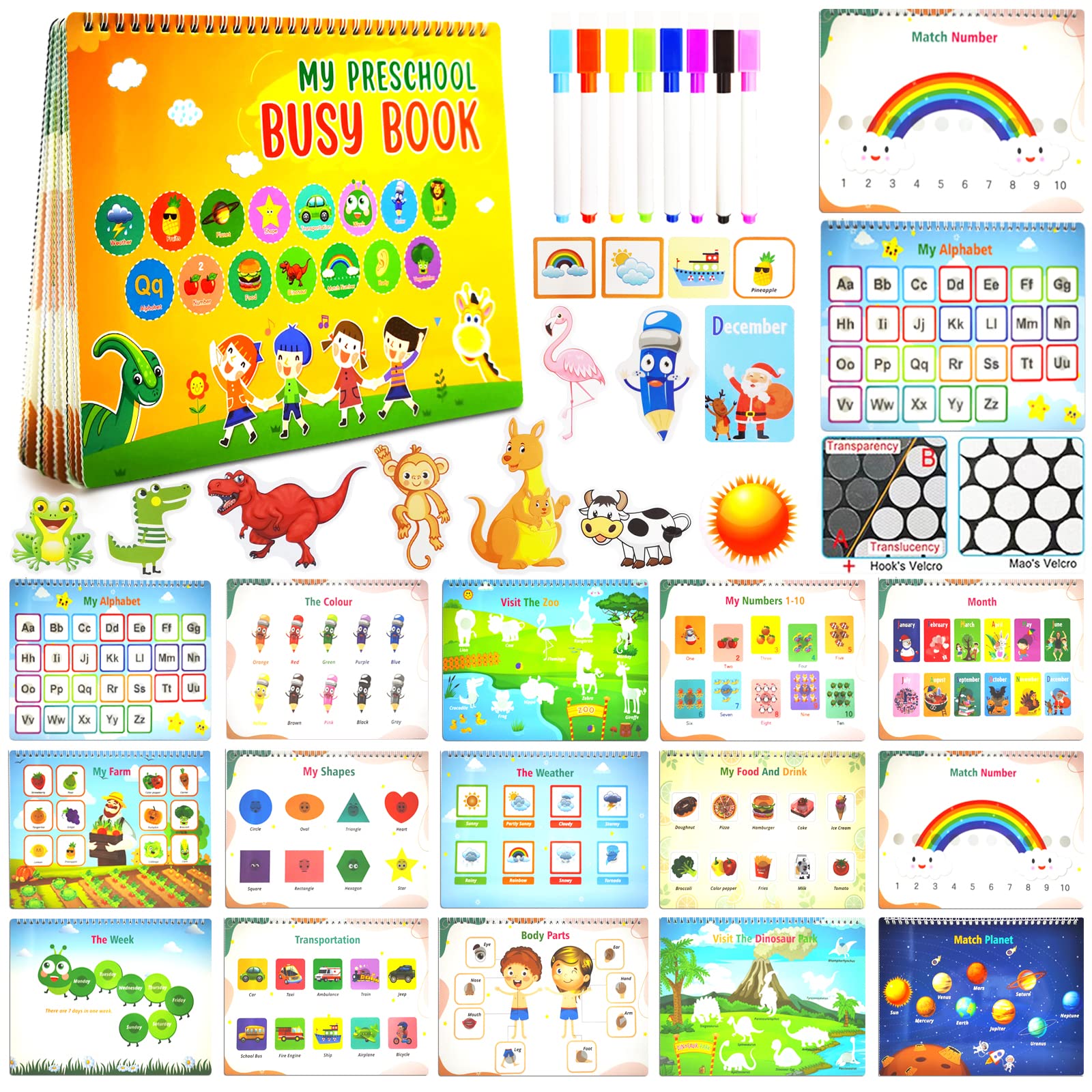 Busy Book for Kids, Preschool Montessori Toys for Toddlers, 32 Themes Learning Binder Sturdy Book Toddler Activity Educational ABC, Number, Colors, Shape, Vehicles, Body Parts, Sports Learning