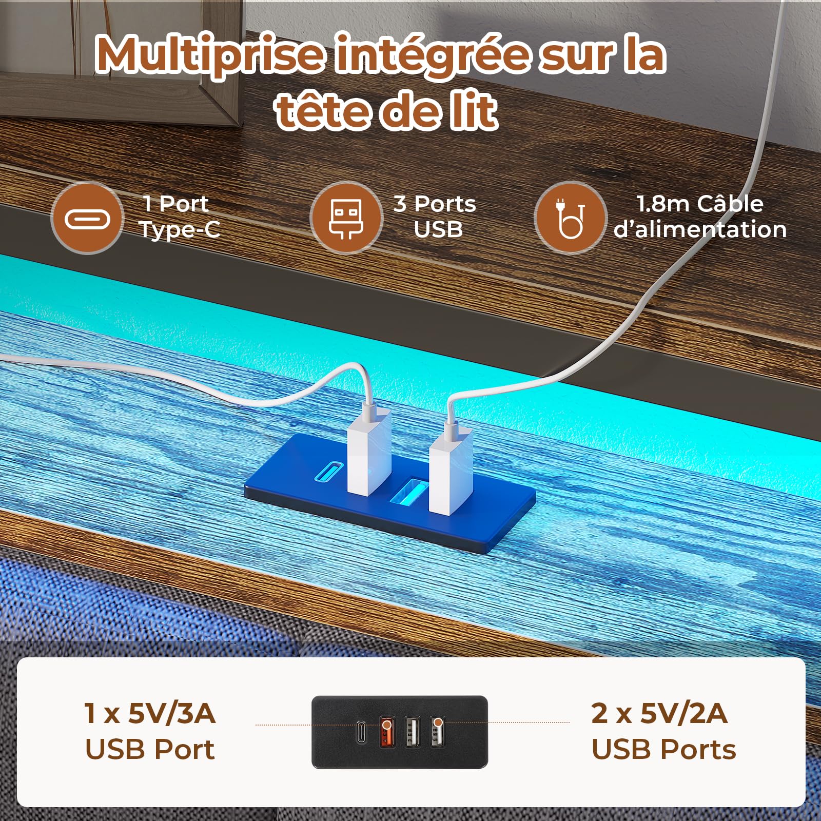 AOGLLATI Lit 2 Personnes avec Multiprise et LED Réglable,Cadre de Lit 140x190 avec Sommier Métal,Capitonnée en Lin Gris, sans Matelas