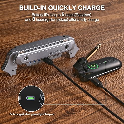 Vista 11 de Pastilla de guitarra acústica inalámbrica, recargable magnética y micrófono para guitarra acústica con control de volumen integrado (negro)