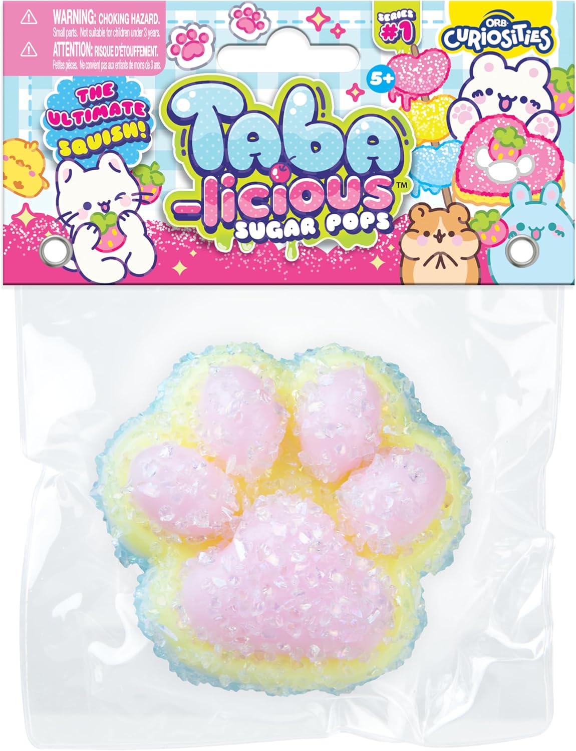 ORB Tabalicious Sugar Pops TABA Rainbow Cat Paw Squishy Toy - Blue, White, Yellow, Pink Cat Paw with Sparkles - Soft Sticky TABA Squishies - Fun Squishy Stress Ball Kawaii Fidget Toys for Kids, Adults
