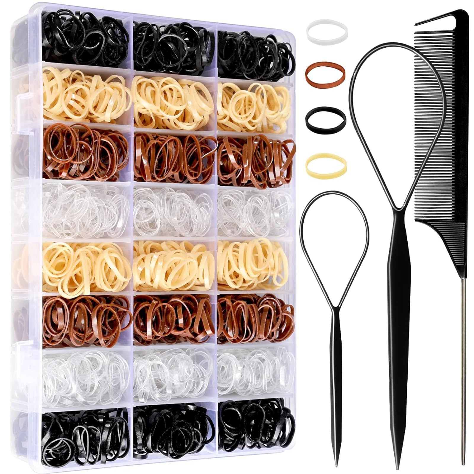 GeRRiT Baby Hair Ties with Hair Loop Styling Tools, 2000pcs Elastic Hair Ties with Organizer Box, Hair Rubber Bands with Hair Tail Tools and Comb, Hair Accessories for Girls Baby Toddlers Kid
