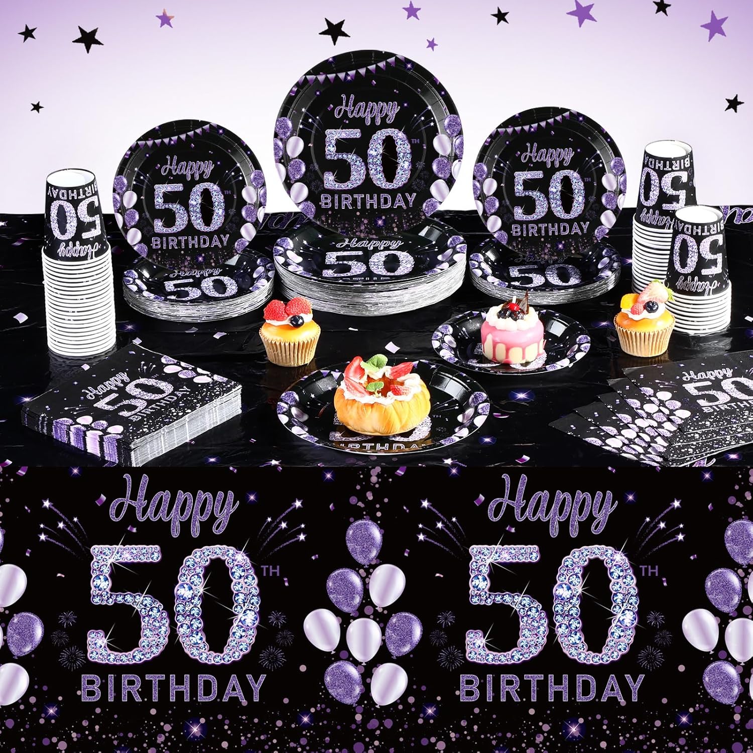 Pickmesh 202 Pcs 50th Birthday Party Decorations Supplies for 50 Guests Include Purple and Black Happy Birthday Paper Plates Napkins Cups and Plastic Tablecloth Disposable Tableware for Men Woman