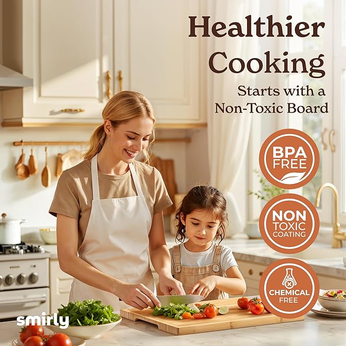 The SMIRLY Wooden Cutting Boards are designed to be a versatile and practical addition to any kitchen. This set is crafted from high-quality bamboo, a sustainable and durable material known for its strength and resistance to knife scarring. The set includes multiple boards of varying sizes, catering to different chopping needs from fruit slicing to meat preparation. The bamboo construction not only ensures longevity and sturdiness but also offers a naturally antimicrobial surface, making it safer for food preparation.