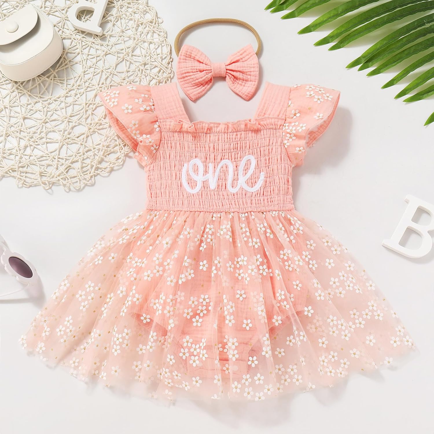 ODASDO Baby Girls First Birthday Outfit Sqaure Neck Ruffle Fly Sleeve Tulle Tutu Romper Dress with Bowknot Headband - Image 2