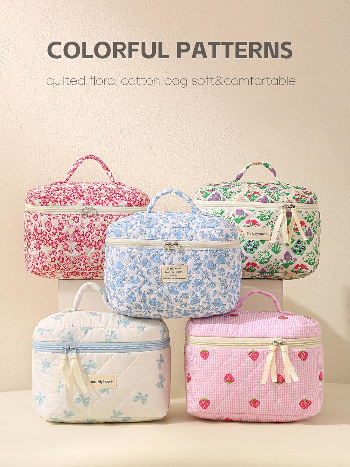 Large Travel Quilted Makeup Bag for Women Girls, Floral Cosmetic Bag, Cute Coquette Aesthetic Flowers Toiletry Organizer Bag Red Flower - Image 9