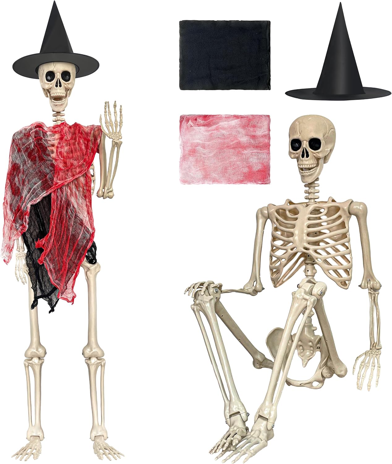 LINAYE 5.4FT Life Size Halloween Skeleton Posable Easy Assembly, Full Realistic Bones with Movable Joints,Halloween Decorations Indoor Outdoor for Yard Garden,Includes Witch Hat & 2 Creepy Cloths