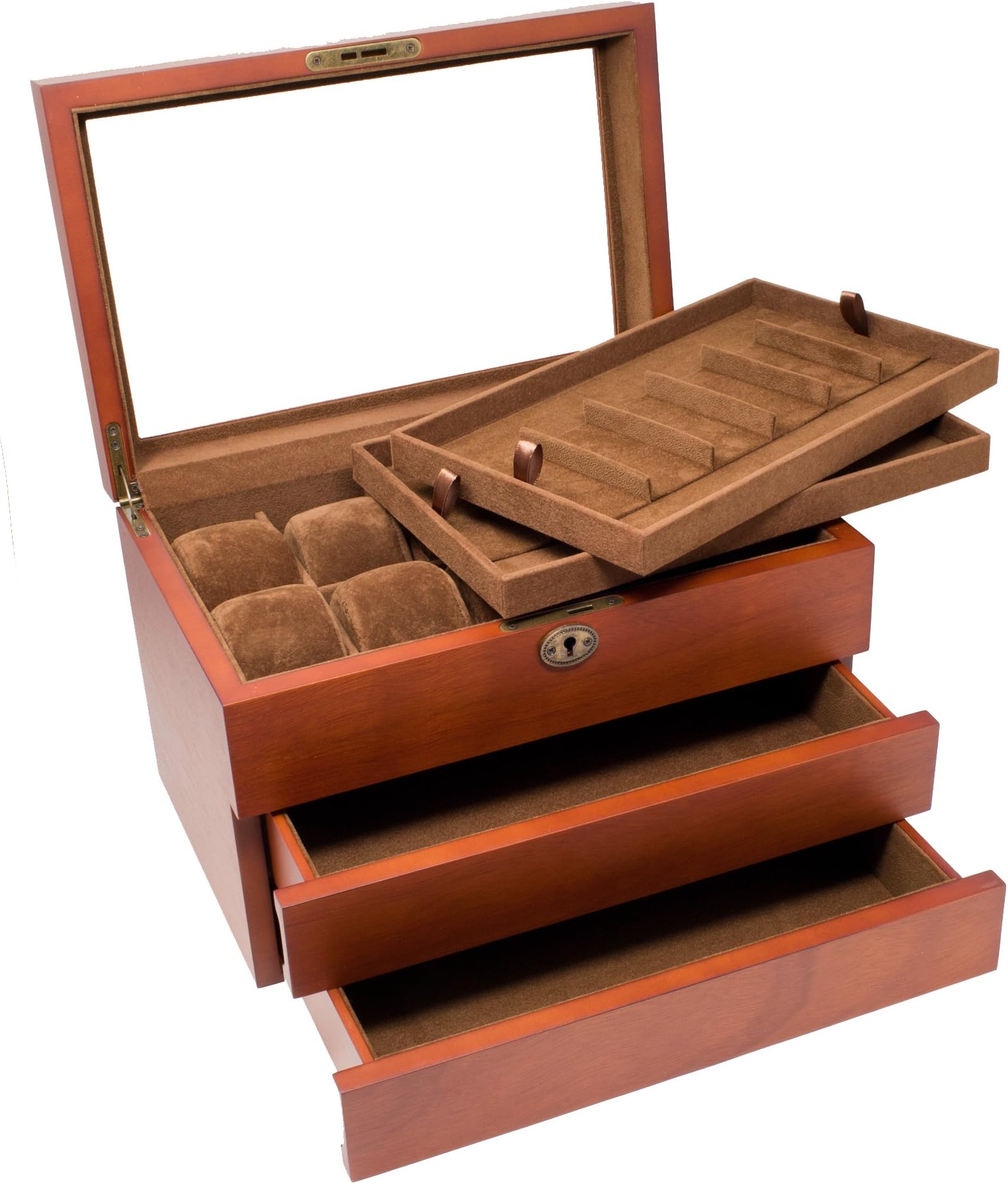 Wood Watch Box Display Storage Case with 2 Removable Watch Band Strap Tray, Holds 10+ Watches, 12+ Watch Bands, Glass Top, High Depth, Vintage Brown