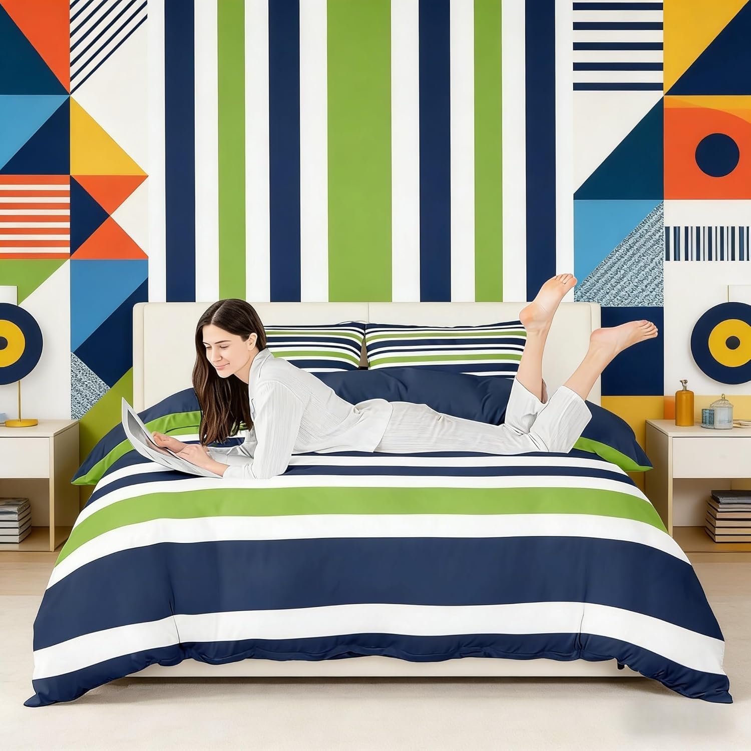 Striped Duvet Cover Set Queen Size, Green Blue and White Stripes Print Simple Style Comforter Cover with 2 Pillow Shams, Geometric Shape Bedding Set for Children Room, Breathable Durable