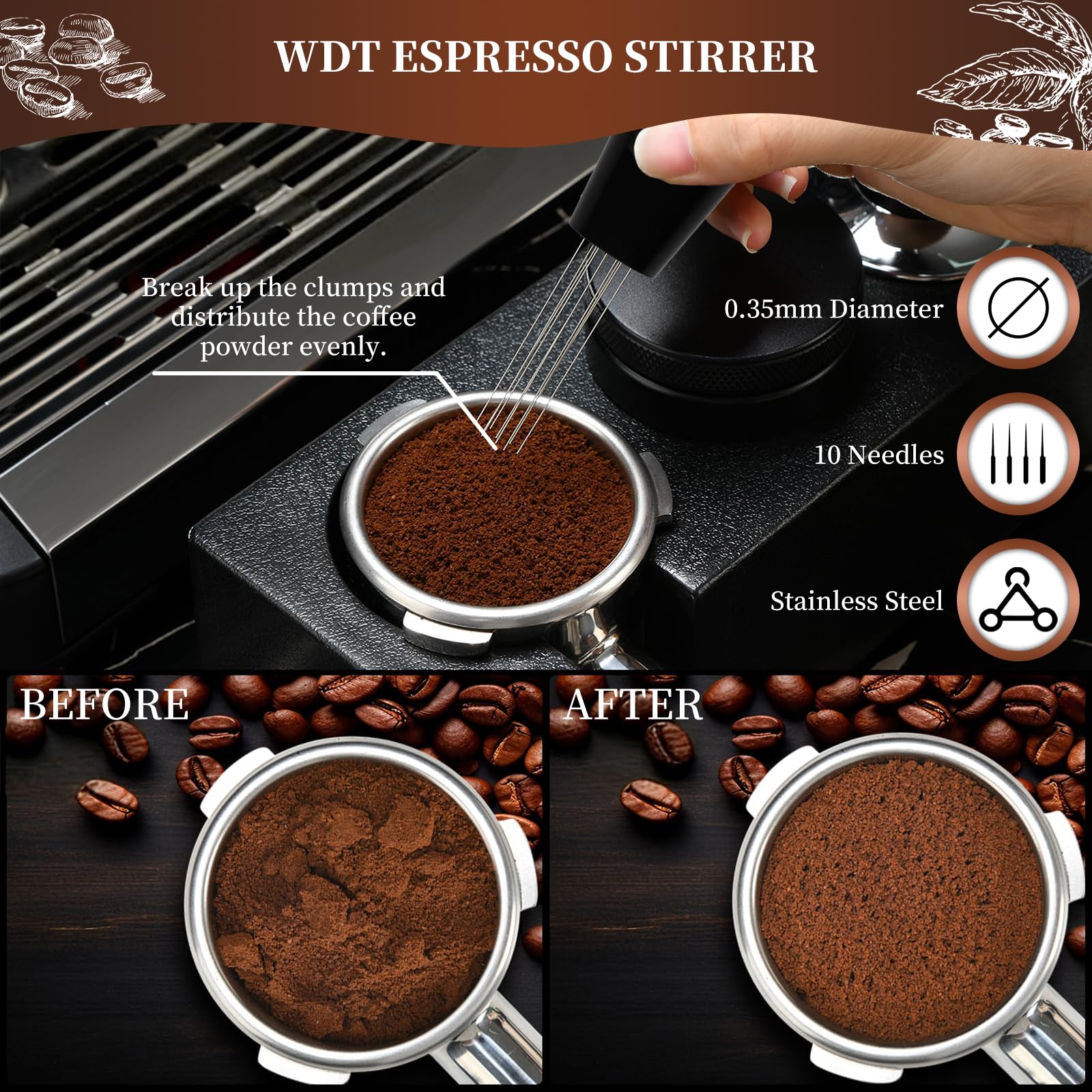 Kit Cafe Barista 51 mm, 8 Piezas Accesorios Cafetera con Tamper, Distribuidor, WDT Tool, Anillo Dosificador, Puck Screen, Tamper Station, Cepillo Limpiador y Latte Art Pen, Juego de Prensador de Cafe