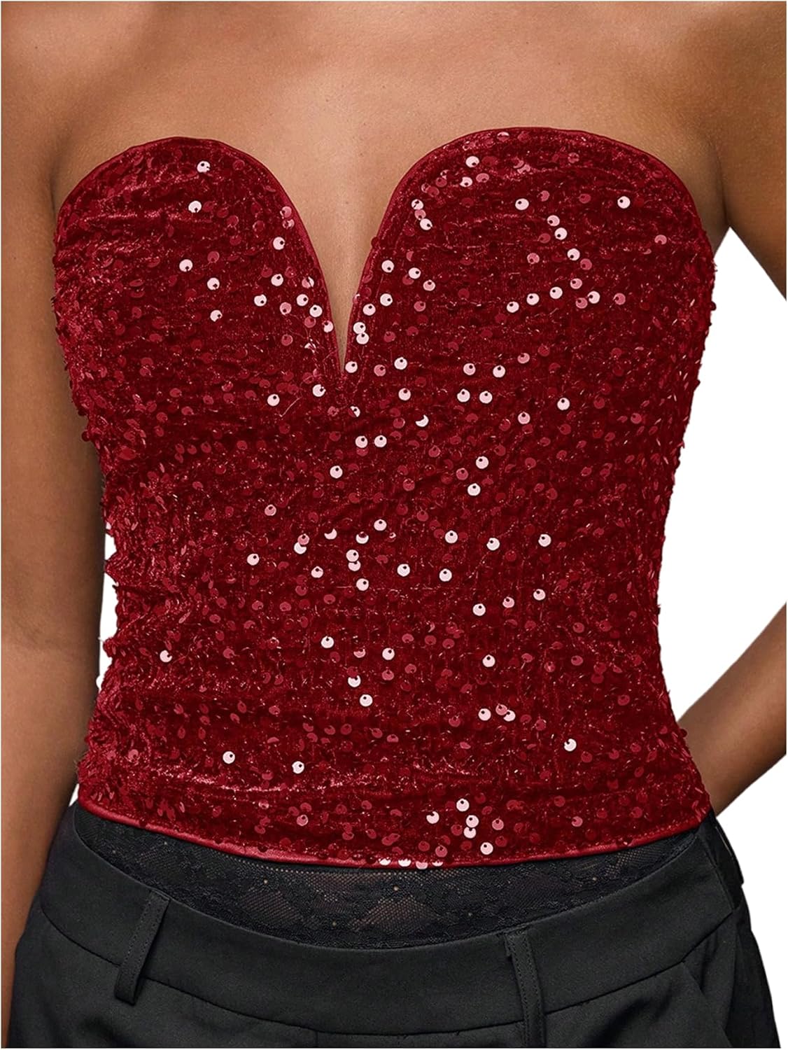 SweatyRocks Women's Sequin Tube Tops Sparkly Open Back Strapless Going Out Party Club Top Red Small
