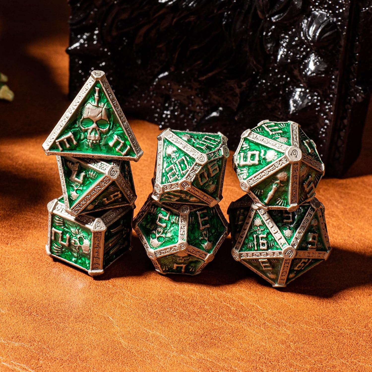 Metal DND Dice Set with A Gift Box, Gothic Skull Theme, Rune Edge Designed, for DM and D&D Player, Heavy Metal Dice Set Perfect for Dungeons and Dragons, MTG, RPG Games (Green-Ranger)