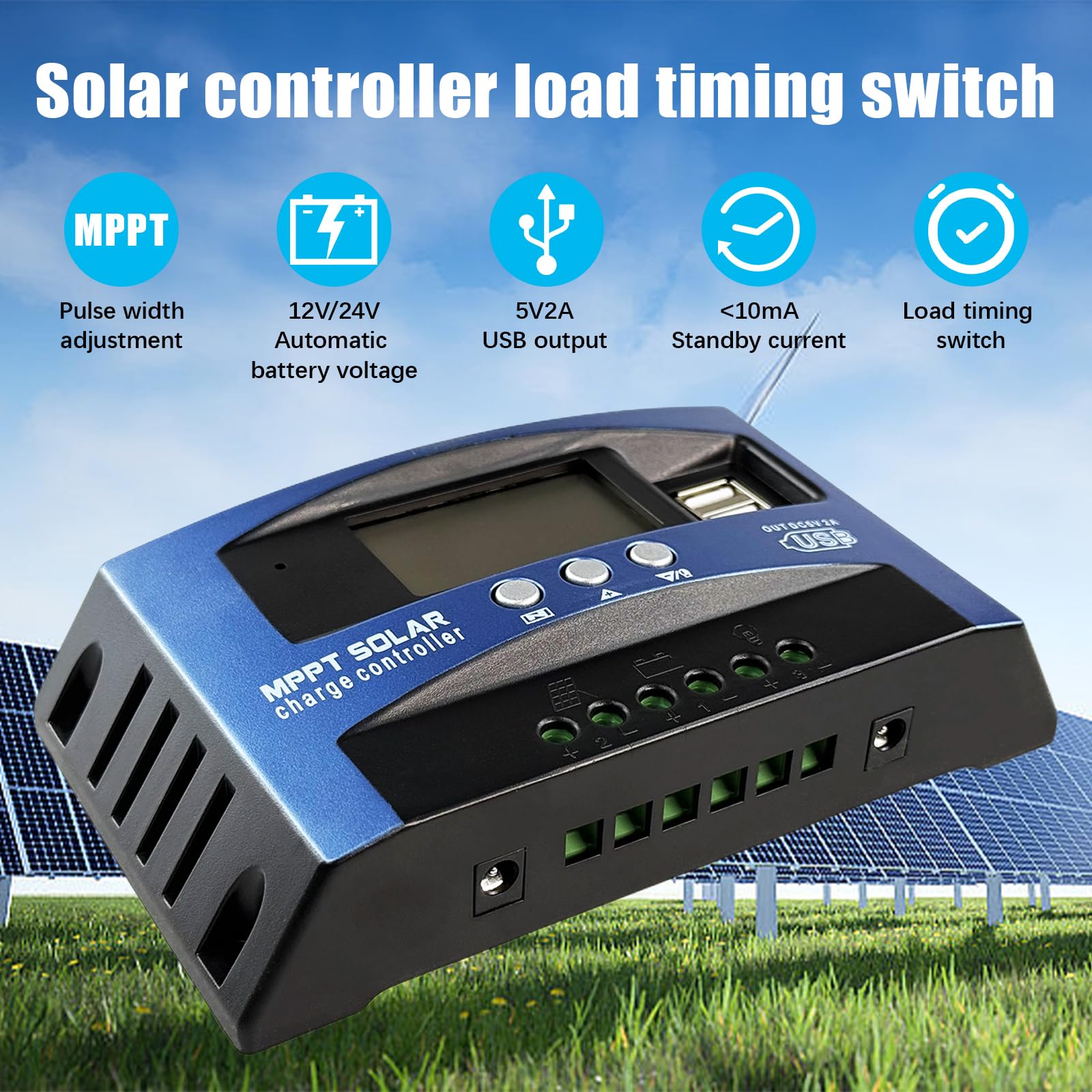 MPPT Solarladeregler, 12V/24V 100A Intelligenter Batterieladegerät Solarladeregler mit USB-LCD-Display, Dualer USB-Anschluss Negative Masse Controller Auto-Parameter Einstellbar mit LCD-Anzeige