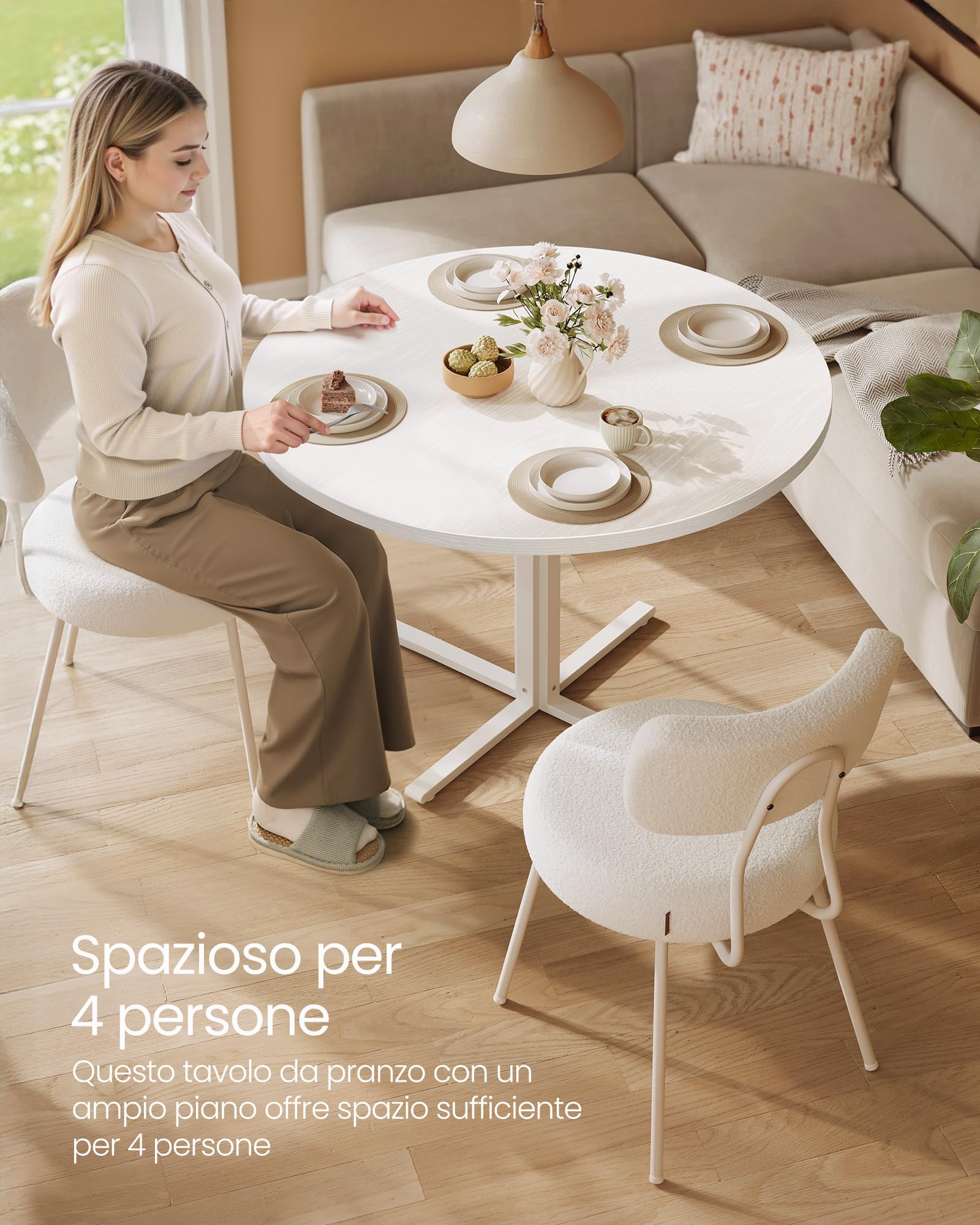 VASAGLE Tavolo da Pranzo Rotondo, Tavolino da Cucina per 4 Persone, Stile Rustico, Piano Resistente all'Acqua, diam. 80 cm, Altezza 74,8 cm, Sala da Pranzo, Soggiorno, Bianco Neve KDT082W01