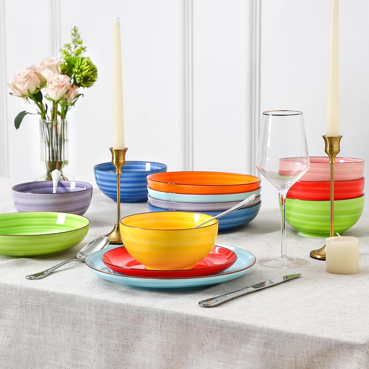 Selamica Ceramic Plates and Bowls Sets,32 Pieces Dinnerware Sets for 8,Scratch Resistant Dish Set for holiday gathering,Dishwasher & Microwave Safe, Dopamine Colors