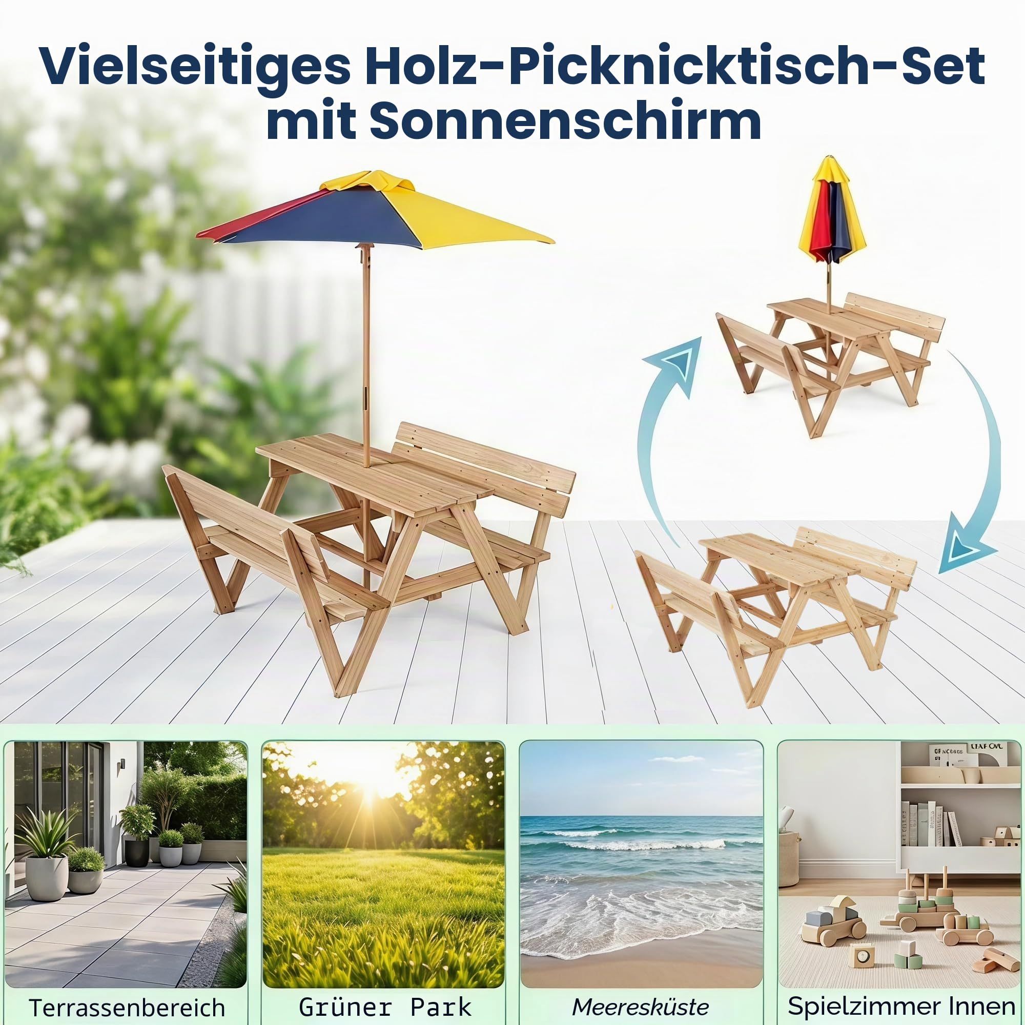 LIFEZEAL Kindersitzgruppe Outdoor, Kinder Picknicktisch-Set mit Sonnenschirm, Sitzgruppe Holz mit Bänke für Kinder ab 3 Jahren, Garten Kindersitzgarnitur für Garten, Hof, Strand