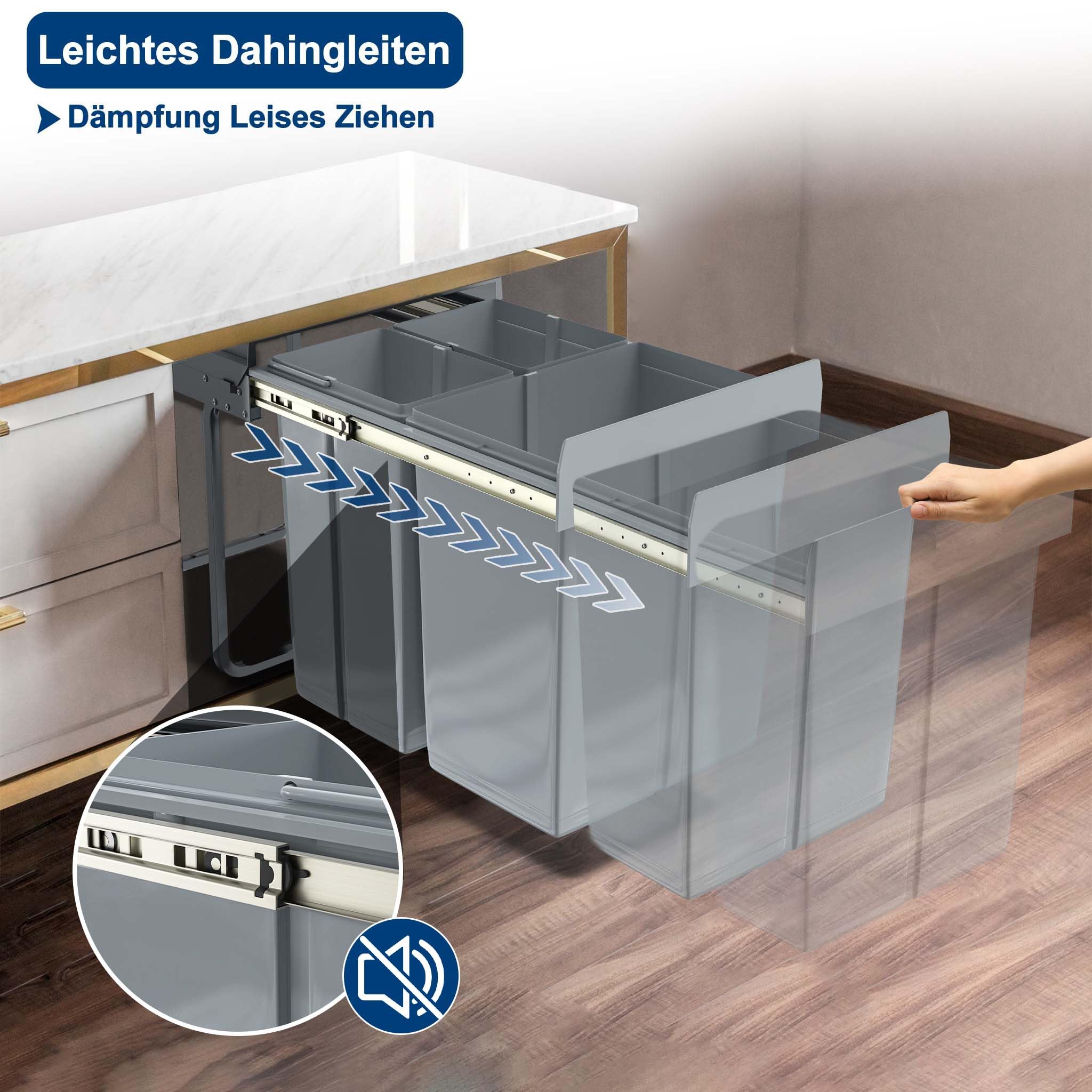 YUENFONG Einbaumülleimer 3 Fächer 2x10+20 Liter, Unterschrank Abfallsammler Mülleimer mit Teleskopschienen Ausziehbarer Mülltrennsystem Abfalleimer, 48 x 34,2 x 41,8cm