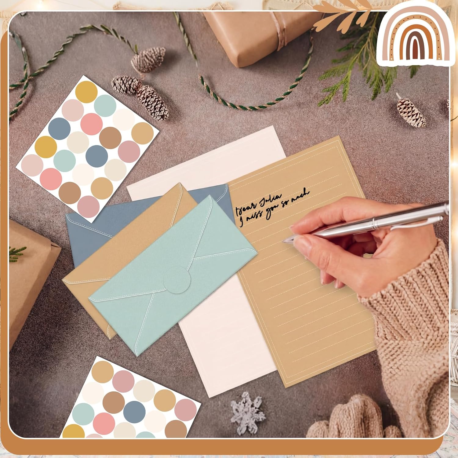TaoBary 160 Packs Stationery Paper Set (50 Double Sided Stationery Writing Papers 50 Matching Envelopes) 60 Round Dot Sticker, 10 Design(11 x 8.5 Inch,Boho Color)