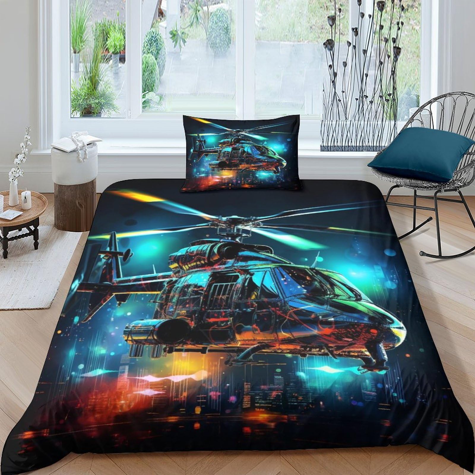 GEEYOU Helicopters Lovingly Quilt Cover Set Hidden Zipper Aircraft Duvet Cover Set with Pillowcases Bedding Set Soft Microfiber Comforter Cover Various Sizes for Kids Adults Single（135x200cm）