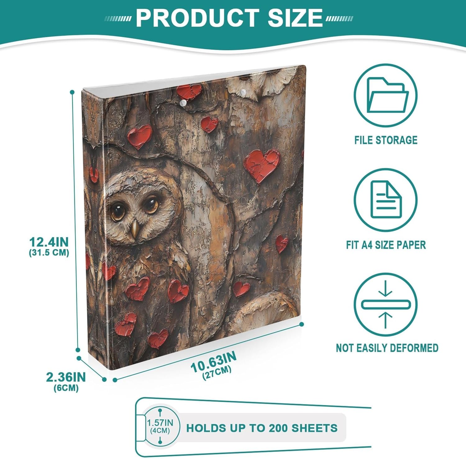 Retro Valentine's Day Owl 3 Ring Binders, 1.5” Round Ring Binders with Clipboard - Letter Size, 3 Interior PVC Clear Pockets & Anti-Slip Clip for Office School Supplies, 2PCS