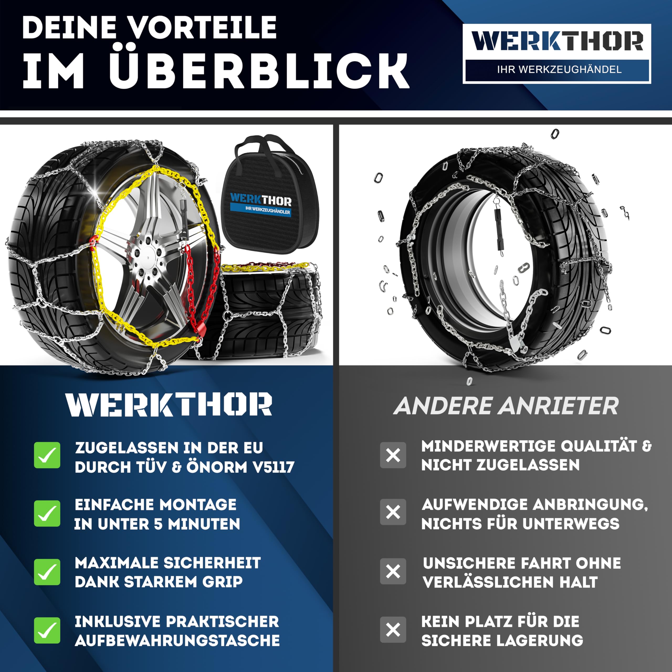 WERKTHOR 2x Schneeketten - Zugelassene Schneeketten für PKW - Einfache Montage & Optimaler Grip - Schneekette aus Metall - Für verschiedenen Reifengrößen (WT 110)