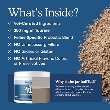 Fera Pets Cat Multivitamin - Wellness Blend with Probiotics, 60 Scoops | Cat Food Topper with Feline-Specific Probiotics, Taurine and Lysine that Promotes Joint, Immune, Heart & Bladder Health