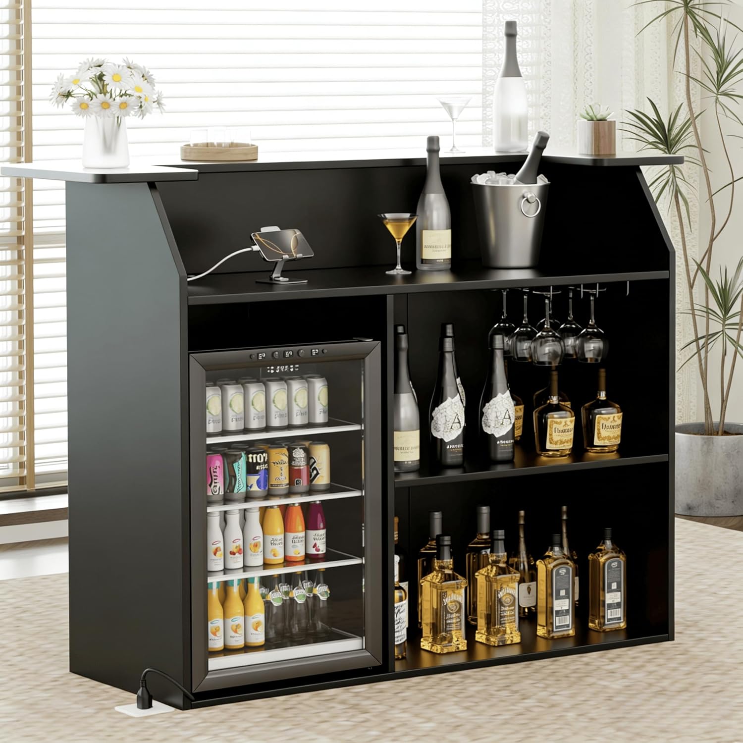 Home Bar Cabinet with Mini Fridge Space, Liquor Bar Cabinet for Home with Storage Shelves, Wine Glasses Holder, Power Outlet, Mini Fridge Cabinet with Storage, Wine Bar Cabinet for Living Room